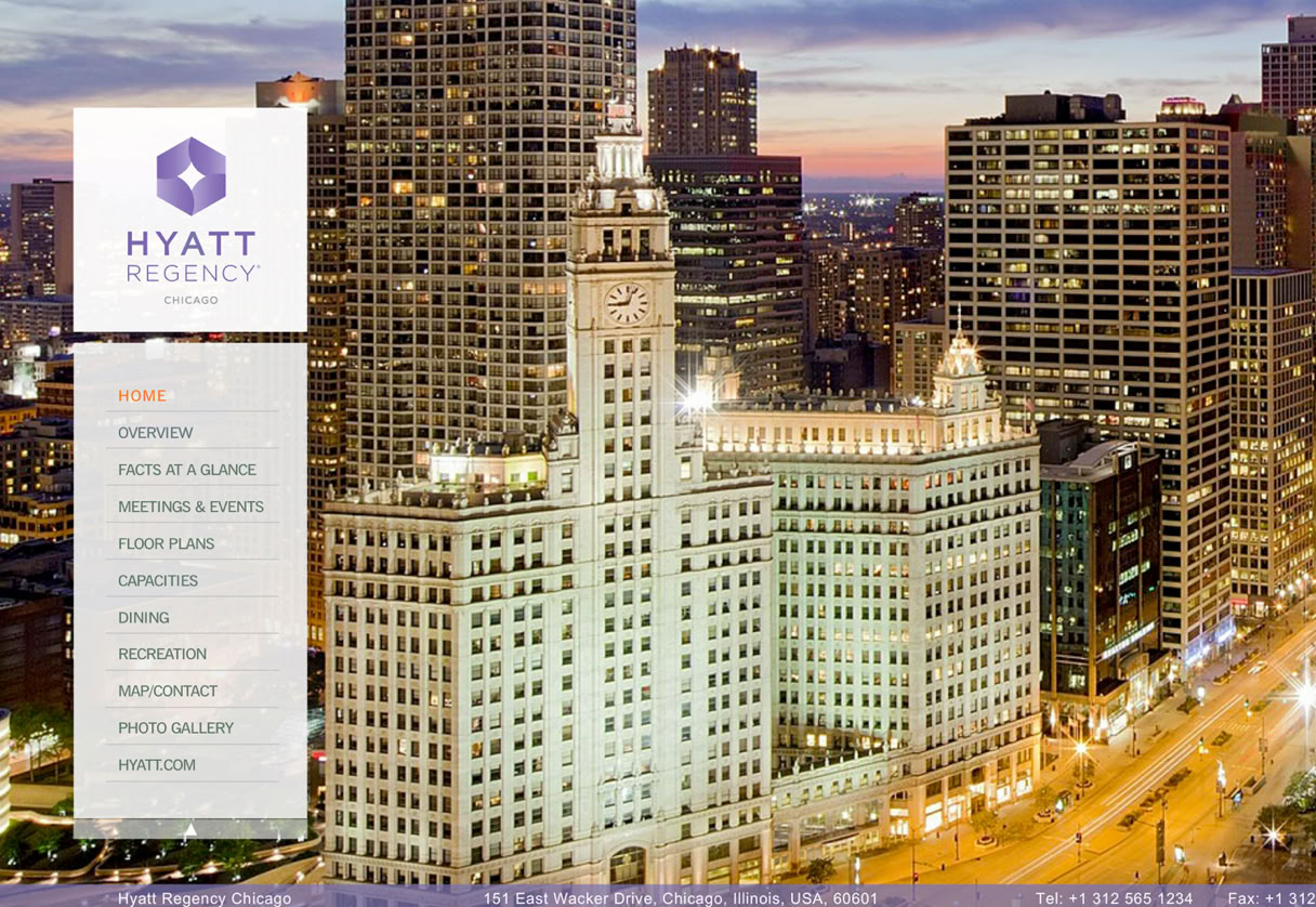 Interactive Meeting Planner eBrochure interface designed for Hyatt Regency Chicago, Illinois, featuring interactive floor plans with capacity details, branded hotel photography, and structured meeting space presentation.