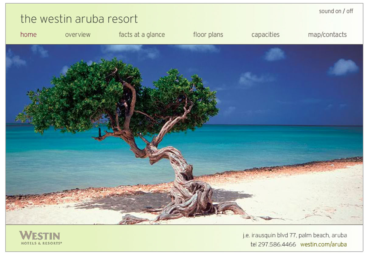 Interactive Meeting Planner eBrochure interface designed for The WEstin Aruba Resort, Noord, Aruba, featuring interactive floor plans with capacity details, branded hotel photography, and structured meeting space presentation.