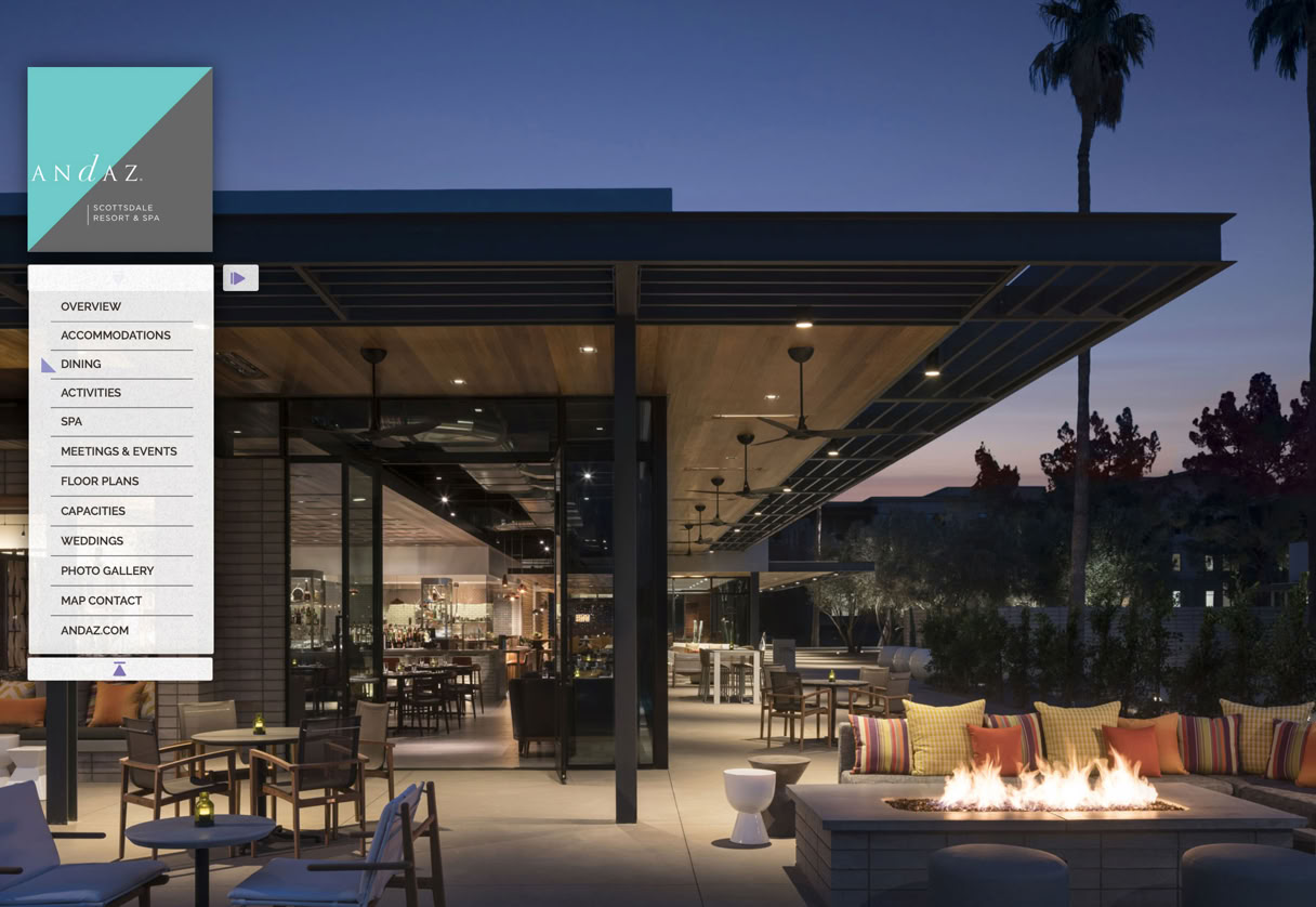 Interactive Meeting Planner eBrochure interface designed for Andaz Scottsdale Resort and Spa, Scottsdale, Arizona, featuring interactive floor plans with capacity details, branded hotel photography, and structured meeting space presentation.