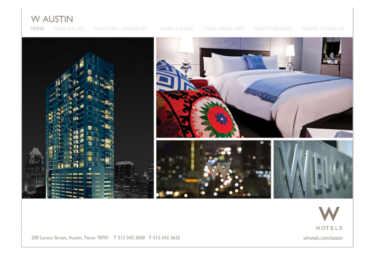 Interactive Meeting Planner eBrochure interface designed for The W Hotel Austin, Texas, featuring interactive floor plans with capacity details, branded hotel photography, and structured meeting space presentation.